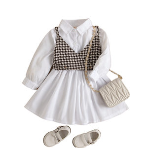 1～6歳女児用レギュラースリーブチェック柄通気性Aラインシルエット2ピースセット春ワンピース - Product Image 1