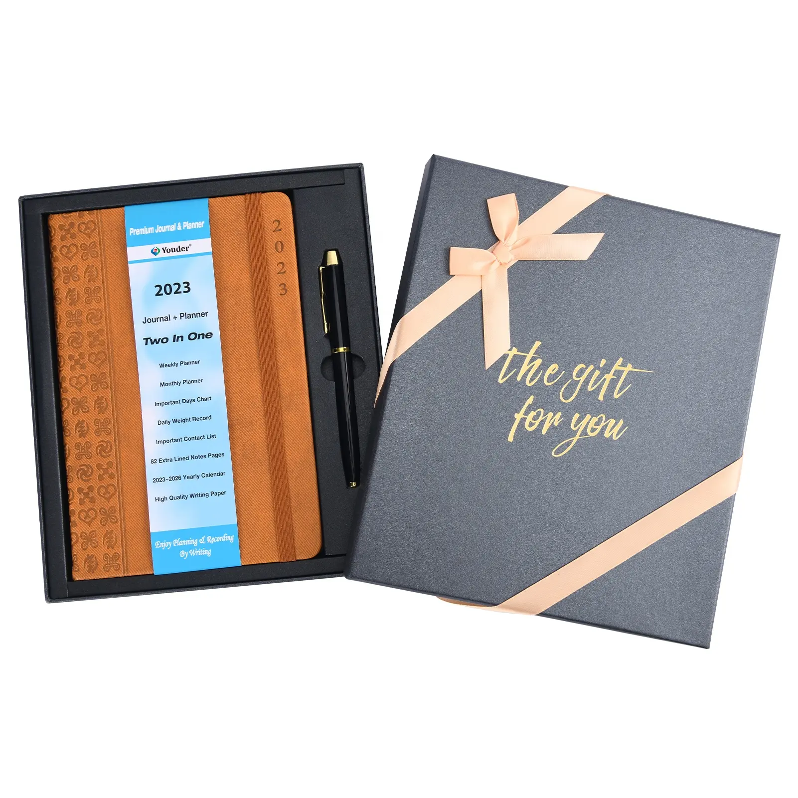 Carnet de notes d'étudiant en cuir PU orange foncé estampillé de logo personnalisé A5 à couverture rigide ensemble de journal d'affaires cadeau avec stylo