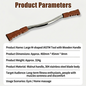304 Edelstahl Schab- und Massagebrett für Ganzkörperbehandlung. Holzgriff. Großes <span class=keywords><strong>M</strong></span>-förmiges Messer. Faszienmesser. - Product Image 3