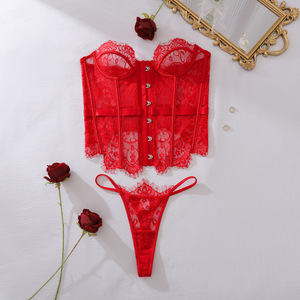 Set di 2 Pezzi Corsetto Sensuale in Pizzo Palace, Lingerie <span class=keywords><strong>Sexy</strong></span> Rossa da Donna, Ricamata, Trasparente, Senza Spalline, Aderente, Abbigliamento da Club, Regalo per San Valentino - Product Image 6