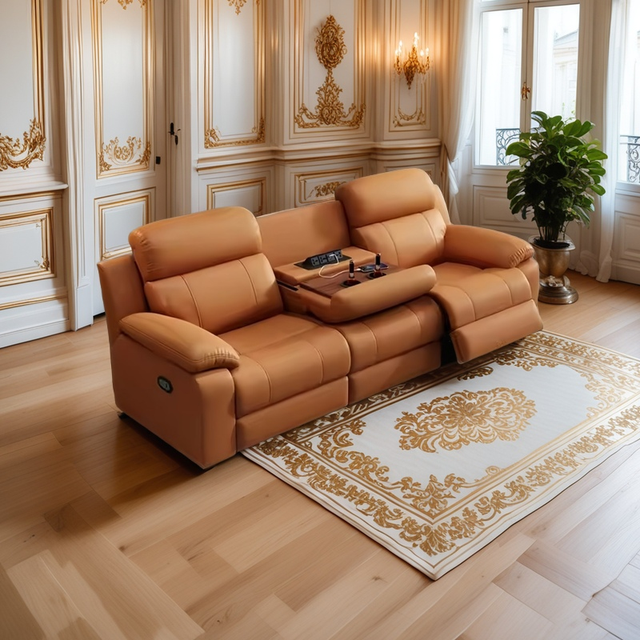 Premium 3-Seater Electric Home Theater Sofa Set Modern Design Style Genuine Leather Recliner Rotating Cup Holder Metal Frame