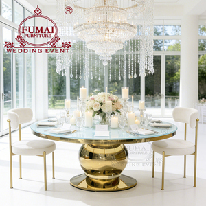 Muebles de Hotel Usados para Bodas de Lujo en Dubái, Mesa de Comedor Redonda de Acero Inoxidable con Base de Titanio Dorado y Vidrio Templado para Uso en Exteriores - Product Image 5