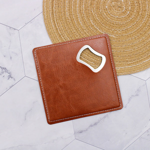 Square stainless steel bottle opener <b>coaster</b>, leather-wrapped, suitable for bars, <b>beer</b> bottles, and as a gift. Creative <b>coaster</b>. - Product Image 4
