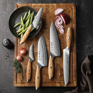 Bộ dao HEZHEN 5 món mới bằng thép Damascus, kiểu Nhật, thép carbon, cán gỗ olive - Product Image 3