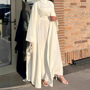 White <b>Modest</b> <b>Satin</b> Silk Solid Abaya Round Neck Extra Long Sleeve Floor Length Elegant Islamic Wedding Prayer Party Gown - Product Image 1