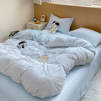 Parure de lit 4 pièces moderne à rayures, qualité supérieure, taille Super King, housse de couette en coton lavé élastique, drap plat, taie d'oreiller