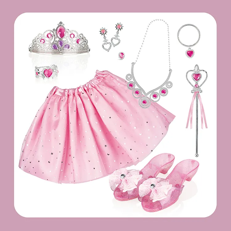 Pretend Play Preschool Girl's Dress Up Set Role Play Fashion Dress & Crystal Shoes & Jewelry Gift Toys For Girls