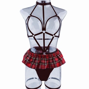 Conjunto de lencería sexy ajustable con diseño de pecho descubierto y estampado a cuadros, lencería hueca para mujer, ropa sexy y seductora para mujer - Product Image 1