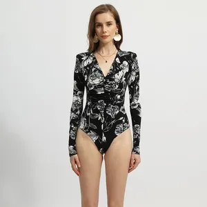 Sexy Women's Summer Jumpsuits Printed Long Sleeve Casual For V Neck Tight Fashion Jumpsuit