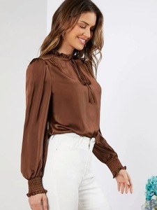 Blusa Elegante <span class=keywords><strong>de</strong></span> Color Sólido con Cuello Alto, Manga Larga, Cordones y Satén Lavable, Estilo Europeo Americano, Nueva y Linda - Product Image 4