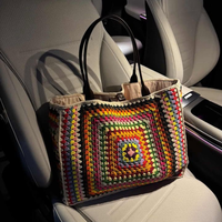 Grand sac fourre-tout en crochet fait main Granny Square, sac à bandoulière tricoté coloré style bohème avec fermeture éclair, écologique, grande capacité, pour l'été et la plage