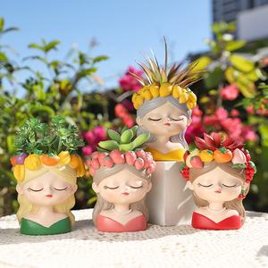 Vasi di piante unici Roogo Fashion Design resina succulenta vasi di testa grandi capelli lunghi ragazza pianta vaso per natale - Product Image 3