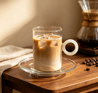 Ensemble de tasses à café en verre transparent avec anse blanche, soucoupe assortie, tasse en verre borosilicate résistante à la chaleur pour thé, latte, maison, café