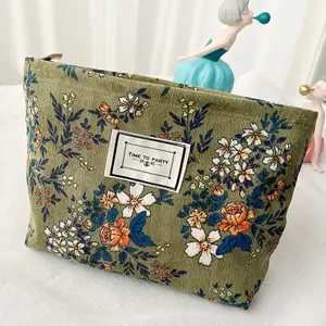 Retro Corduroy Makeup Bag Flower Jacquard Fabric Travel Portable Storage Washing Bag For Cosmetic