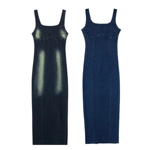 ZHEZHE moda 2024 verano Mujer sin mangas cuello cuadrado Maxi vestidos de mezclilla elástico único Jeans elegante vestido dividido - Product Image 4