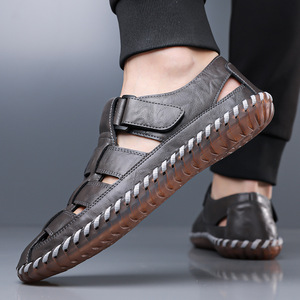 Sandales en cuir véritable à brides croisées pour hommes, bout ouvert, bride à boucle, semelle en caoutchouc antidérapante, chaussures décontractées d'été - Product Image 3