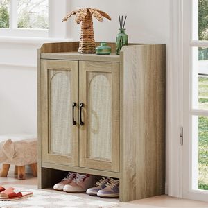 Natural <strong>Rattan</strong> <strong>Shoe</strong> <strong>Storage</strong> Cabinet, Wooden Farmhouse <strong>Shoe</strong> Organizer, Boho Free Standing <strong>Shoe</strong> Rack for Entryway Hallway <strong>Storage</strong> - Product Image 1