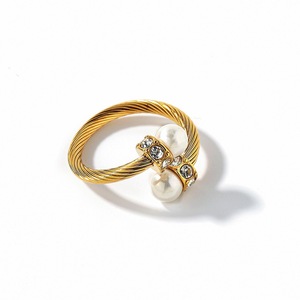 Stainless Steel <b>Ring</b> With Imitation Pearl And Zircon <b>Open</b> Design 18k Gold Plated European Style Women's Fashion Jewelry - Product Image 5