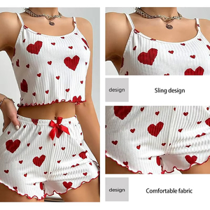Ensemble de pyjama en satin pour femme, tailles S-2XL, nouvelle collection été, respirant et doux, motif imprimé cœur, décontracté, short à bretelles, décoration en dentelle, pour la maison - Product Image 3