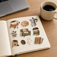 Pack d'autocollants mats découpés sur mesure, motif café et dessins animés, pour la décoration de carnets et d'ordinateurs portables