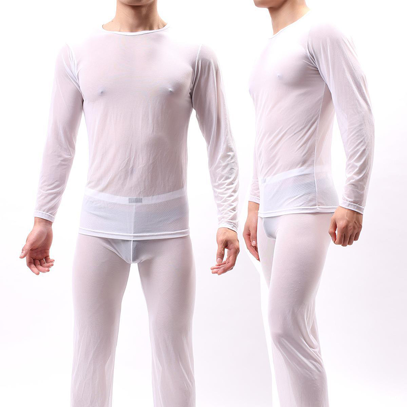 Hot Men Transparent Mesh Shirts Suit Long Sleeve Sexy Man Tshirt Singlet Gay Male See Through Sleepwear Undershirt Suit