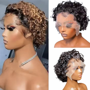 Perruque <span class=keywords><strong>Courte</strong></span> Bouclée Pixie Noire Naturelle Pas Chère en Gros, Demi-Perruque Frontale 100% Cheveux Humains, Perruque <span class=keywords><strong>Courte</strong></span> Tendance pour Femme - Product Image 1