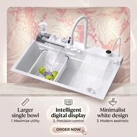 Évier de cuisine multifonctionnel en acier inoxydable 304 blanc avec robinet cascade à affichage numérique, grand bac unique et station de travail avec lave-tasses intégré