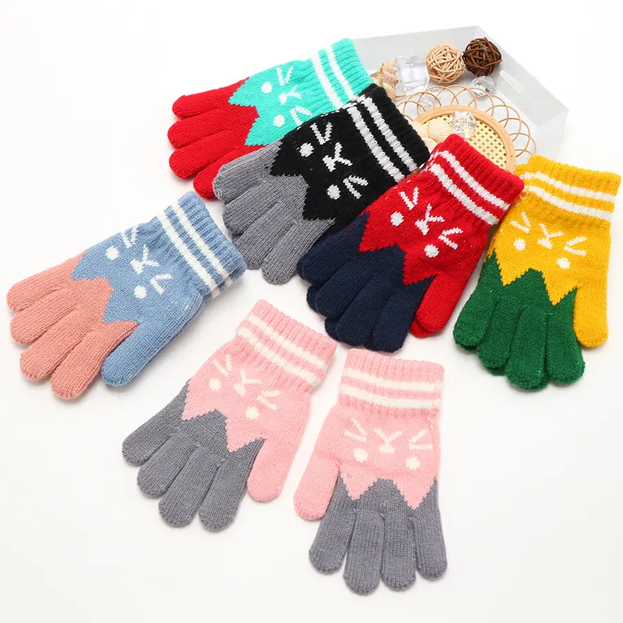 Wholesale Children Winter Cute Gloves Knit Mittens Kids Children Winter Gloves Cartoon Cat Thick Gloves Cute