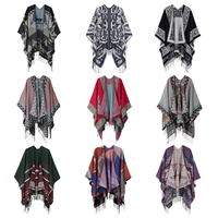 Poncho long à motif ethnique avec logo personnalisé, châle réversible à franges, cape douce bohème à devant ouvert pour femme, marque privée