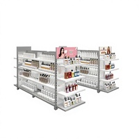 Présentoir cosmétique de luxe multi-niveaux double face en métal avec éclairage LED, robuste et écologique, pour produits de soin de la peau