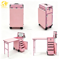 Trousse de Maquillage et Manucure Professionnelle Pliable à Roulettes avec Double Plateau pour Techniciens de Salon et Artistes