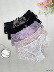 Braguitas de Encaje Estilo Hipster de Tiro Medio para Mujer, con Estampado Floral, Transpirables, Estilo Sexy, Paquete de 3 (Blanco, Rosa, Morado) - Product Image 4