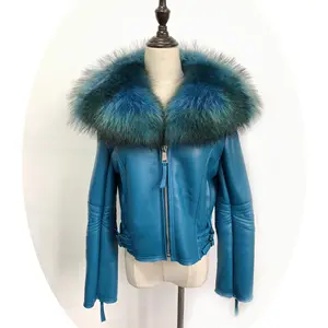 סיטונאי גדול דביבון פרווה צווארון כבש Shearling מעיל החורף אמיתי כבש עור כפול פנים עור צמר פרווה מעיל לנשים