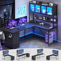 Bureau de jeu en forme de L avec tiroirs Unités de rangement Éclairage LED Prise de courant Brun rustique Bureau à domicile Table de travail d'angle