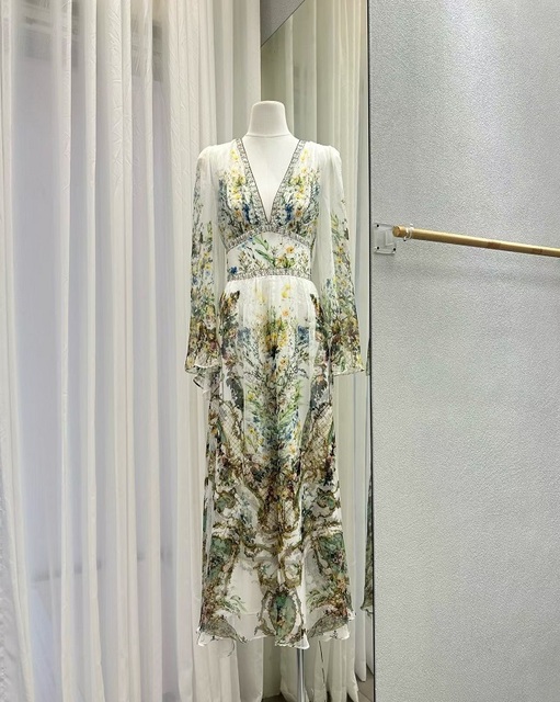 100%Silk Long Dress 2026 Spring Summer Evening Party Women Sexy Deep V-Neck Vintage Floral Print Long Sleeve Maxi Dress Luxury