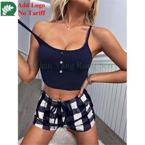 Grosir gaun malam seksi kamisol pakaian dalam pendek kotak-kotak Lingerie Wanita Set 2 potong - Product Image 3