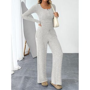 Women's 2 Piece Matching Hooded for Set Sweater <b>Top</b> Wide Leg Pants Casual Autumn Outfit Breathable Knitted Sweat Suit - Product Image 3