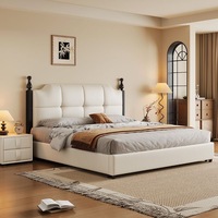 Modernes Vintage Öko-Freundliches Gepolstertes Plattformbett mit Stauraum, Hohen Pfosten, Gestepptem PU-Leder-Kopfteil und Massivholz-Basis aus Kiefernholz