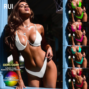 RUIQUWIN Ensemble 2 pièces personnalisé pour femme, maillot de bain bikini côtelé uni à col en V, séchage rapide, respirant, écologique, avec soutien-gorge push-up sexy - Product Image 1