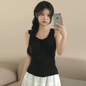 Top de punto transpirable estilo Y2K con volantes, cuello en V, camiseta sin mangas para mujer, lindo chaleco con lazo estilo Kawaii - Product Image 1