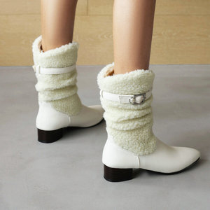 Customizable Large Size 35-48 White Fur-Lined Round Toe Chunky Heel <strong>Sherpa</strong> Faux Fur Ivory Blue Fuzzy Western <strong>Boots</strong> - Product Image 2