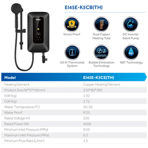 Les mieux notés 220v 240v 4500w 4.5kw 3 secondes de chauffage à recirculation sans réservoir <span class=keywords><strong>chauffe</strong></span>-<span class=keywords><strong>eau</strong></span> électrique instantané de douche - Product Image 5