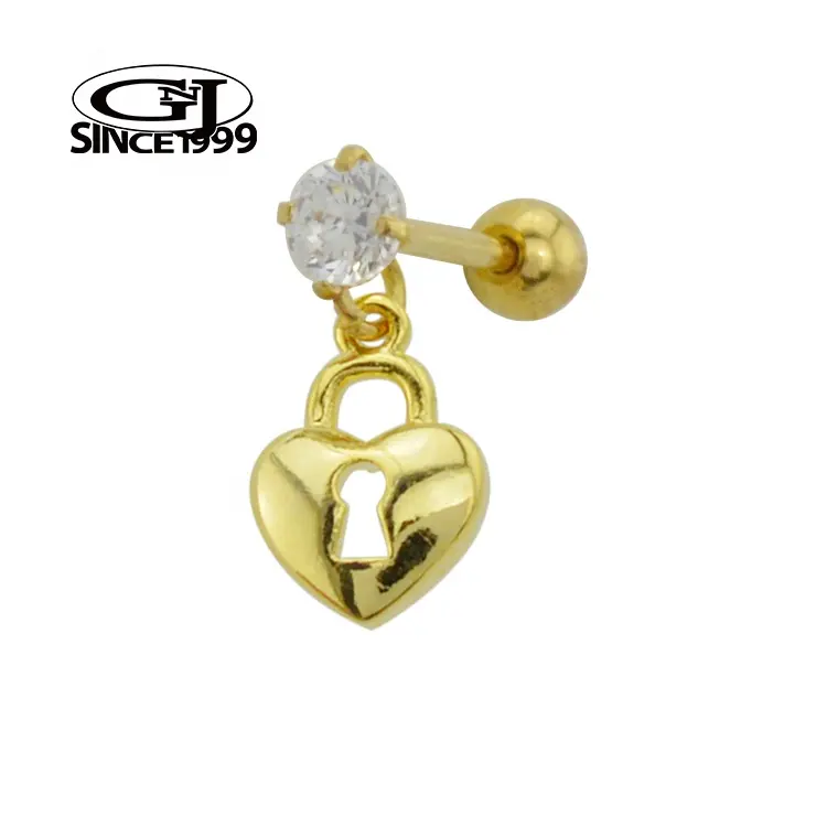 Altın kıkırdak Piercing kadınsı 3D kalp madalyon CZ kristal 316L cerrahi çelik GNJ imalat göbek takısı küpe