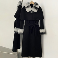 Manteau long en laine double face avec col en fourrure de lapin haut de gamme pour femme, nouvelle collection automne-hiver