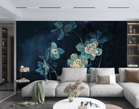 Wallpaper Bunga Biru Tua Kustom Lukisan Minyak Mural Bunga Mewah Ruang Tamu Apartemen Dinding Latar Belakang Tahan Air Seni Modern