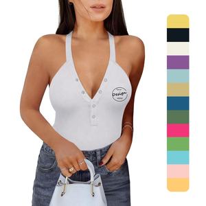 Venta al por mayor de impresión personalizada de alta elasticidad Spandex Slim Fit transpirable cuello en V Sexy ahueca hacia fuera el chaleco blanco camiseta sin mangas Halter mujeres - Product Image 1