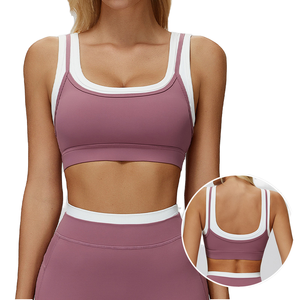 Roregal Nouveautés Soutien-gorge de sport et de yoga pour femme, effet deux pièces, uni, col en U, respirant, léger, séchage rapide, amovible - Product Image 1