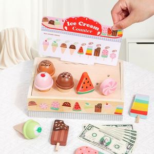 Bloques de Madera de Comida para Cocina, Juguetes de Helado para Niños, Juego de Imitación <span class=keywords><strong>con</strong></span> Mostrador, Menú y <span class=keywords><strong>Dinero</strong></span> - Product Image 1