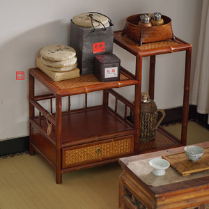 Mueble de Almacenamiento para Té de Bambú Hecho a Mano Estilo Dinastía Qing, Estante Multicapa con Cajones, Mueble Clásico Pequeño para Té - Product Image 1