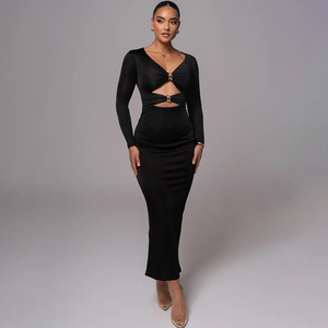 V-neck Hollow-out Long Sleeve Bodycon Dress <b>Full</b> <b>Length</b> Slim Fit Evening Dress - Product Image 2
